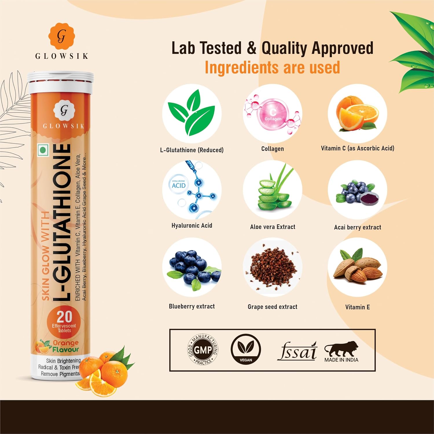 Glowsik Glutathione - 20 Effervescent Tablets for Skin, 600 Mg Glutathione Reduced With Vitamin C | Orange Flavour | Pack of 2